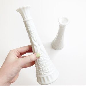 Vintage Milk Glass Rose Bud Flower Vase / Candlestick Holders White 9" Set of 2